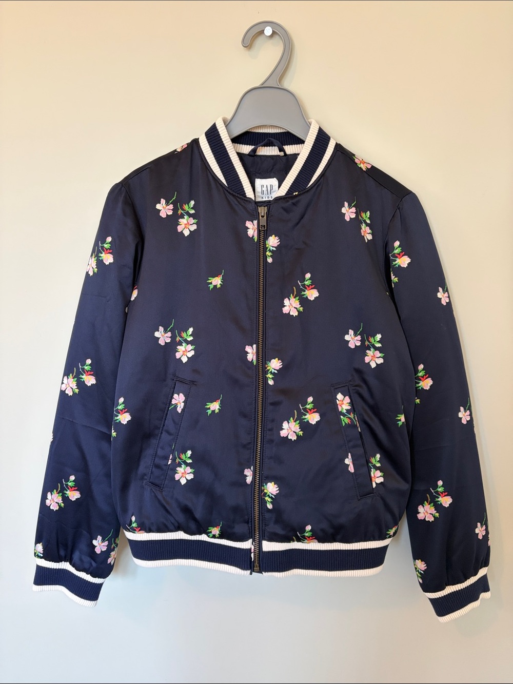 EUC GAP Kids Satin Floral Bomber Jacket with Pink Blossoms XXL 13-14